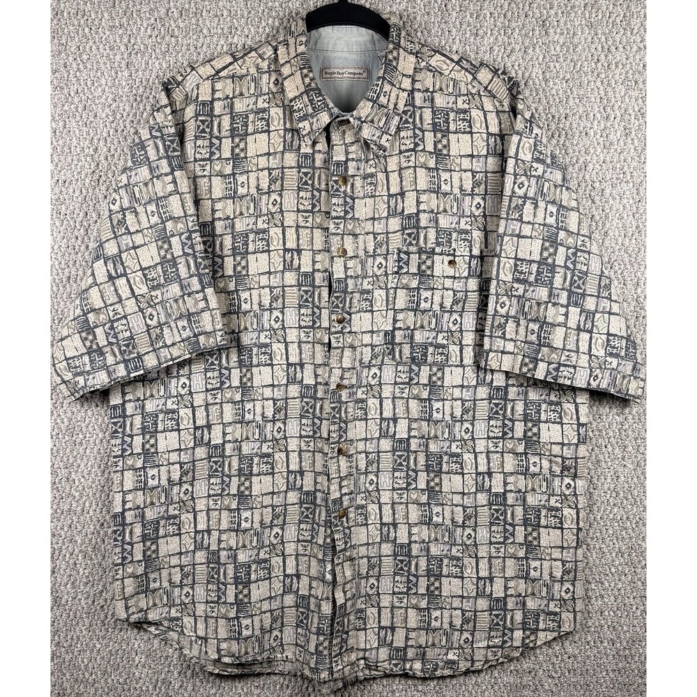 Vintage 90s Bugle Boy XL Geometric Tribal Button Up Ramie Cotton Shirt